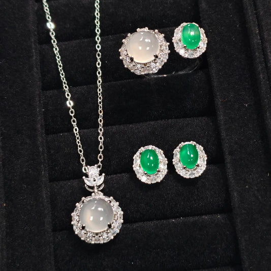 Luckacco Valuable Lab Jade Diamond Jewelry set 925 Sterling Silver Engagement Wedding Rings Earrings Necklace For Women Bridal Party Gift
