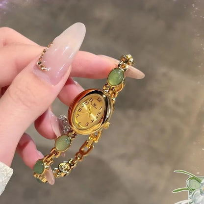 Luckacco Luxury Vintage Quartz Women's Watches Fashion Natural Green Jade Bracelet Clock Numerals Small Oval Dial Watch Woman Accesories