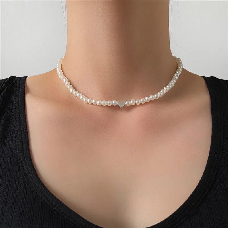 luckacco imitation pearl trendy love heart  choker necklace female personality party fashion clavicle collier colar perlas collar gift