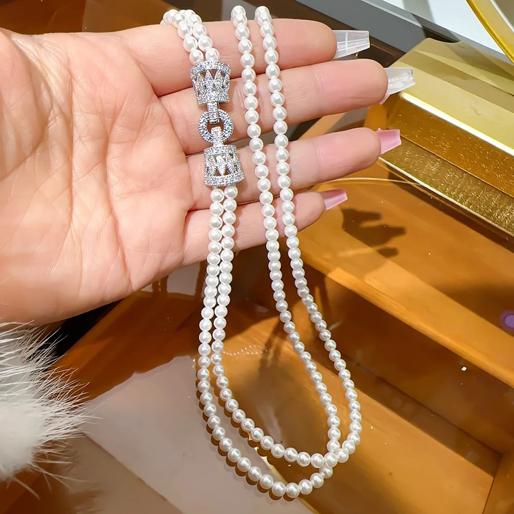 luckacco suyu women's light luxury design elegant imitation pearl necklace versatile unique design bracelet fashion sweater chain