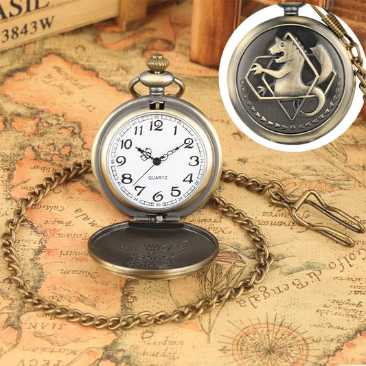 Luckacco Antique Fullmetal Alchemist Quartz Anime Pocket Watch Cosplay Edward Elric Clock Design Pendant Necklace Chain Vintage Chain