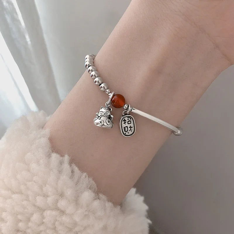 luckacco new 925 silver geometric bead punk peace of mind words irregular string bracelet for woman girl fashion jewelry gift dropship