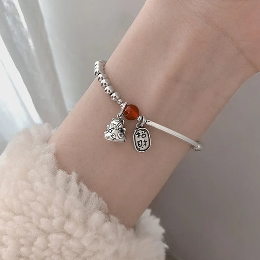 Luckacco New 925 Silver Geometric Bead Punk Peace of Mind Words Irregular String Bracelet For Woman Girl Fashion Jewelry Gift Dropship