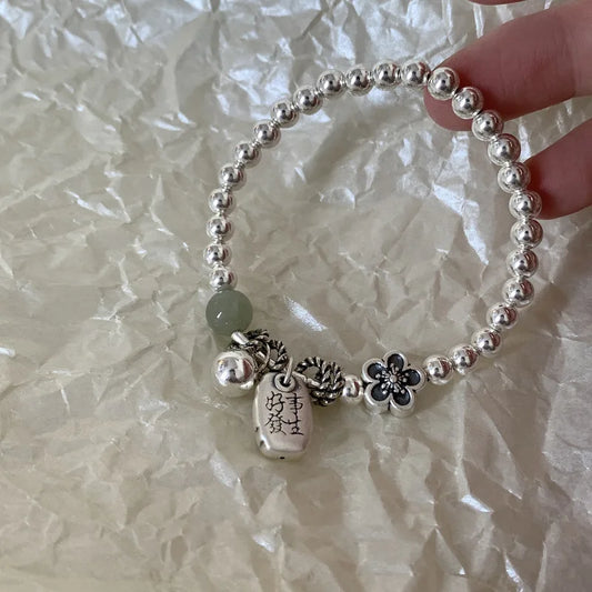 Luckacco New 925 Silver Geometric Bead Punk Peace of Mind Words Irregular String Bracelet For Woman Girl Fashion Jewelry Gift Dropship