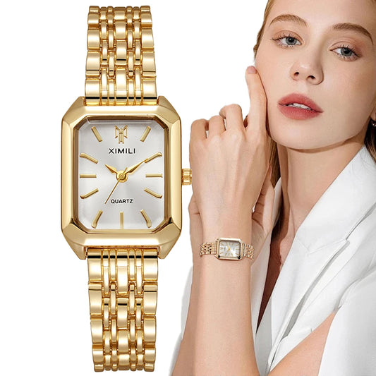 Luckacco Luxury Ladies Fashion Quartz Watch Simple Scale Square Quality Gold Plated Women Watches Business Stainless Steel Folding Clock