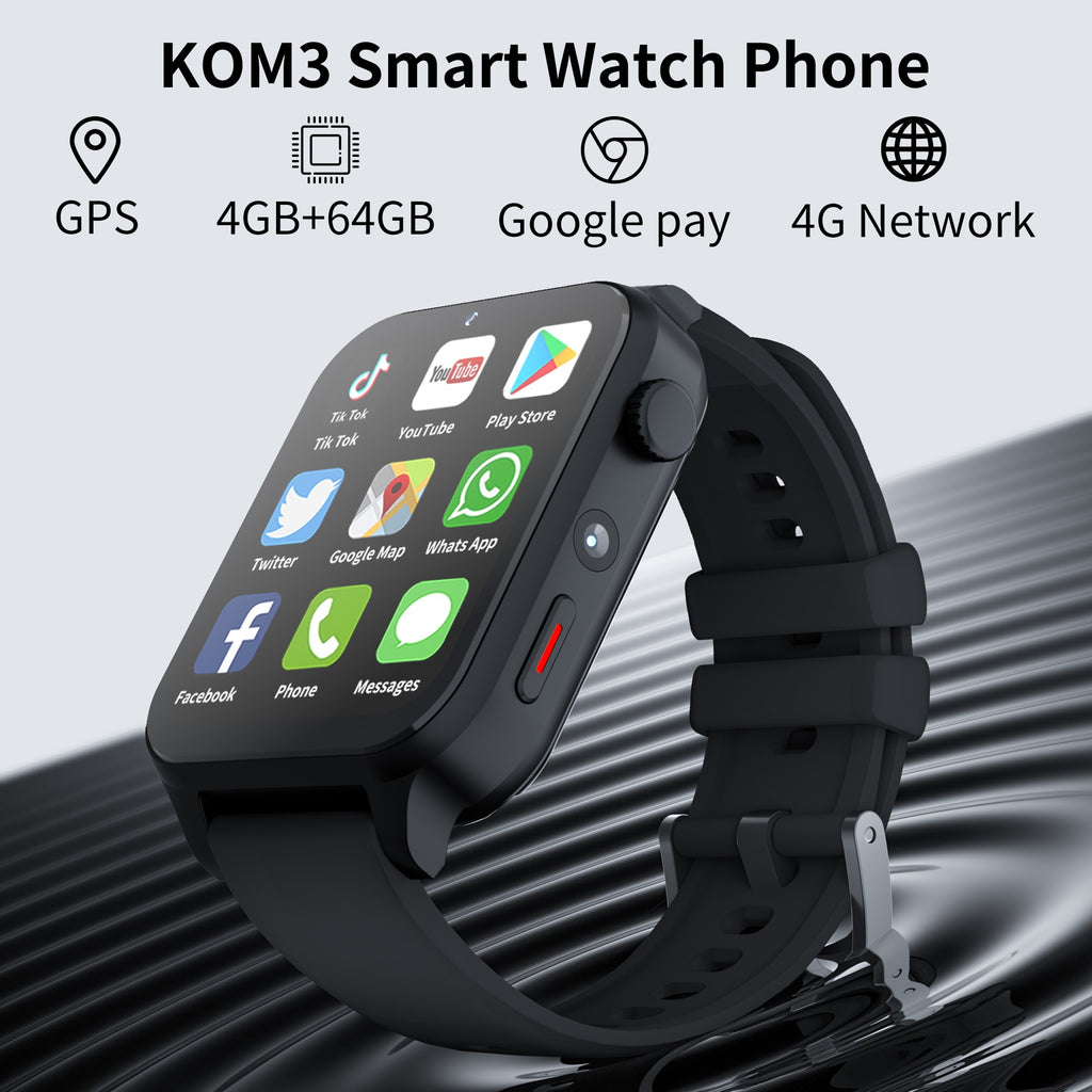KOM3 4G Internet Smart Watch Phone 4GB 64GB Android 9.0 GPS 1.99" Screen Dual Camera Google Play SIM Card Sports Watch for Men - luckacco