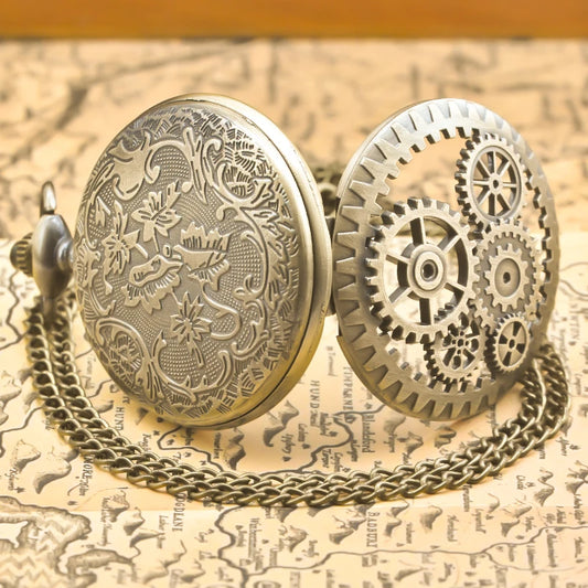 Luckacco Vintage Bronze Steampunk Copper Cutout Gear Quartz Pocket Watch Necklace Pendant Clock Chain Men Women Chain Gift