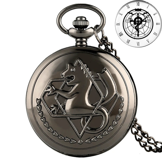 Luckacco Antique Fullmetal Alchemist Quartz Anime Pocket Watch Cosplay Edward Elric Clock Design Pendant Necklace Chain Vintage Chain