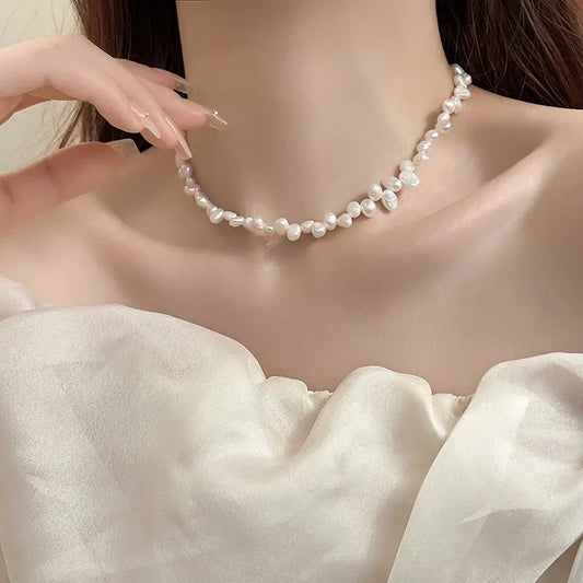 Luckacco 5-6m Real Natural Baroque Freshwater Pearl Necklace Fashion Jewelry for Gift 925 Sterling Silver Choker Necklace for Women Girls