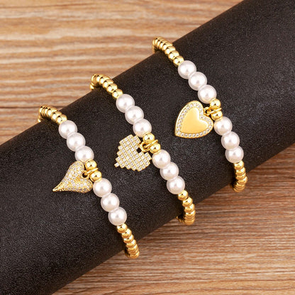 Luckacco Nidin New Arrival Romantic Heart Shape Shine Zircon Pearl Beads Bracelets For Female Fashion Versatile Jewelry Accessories Gifts