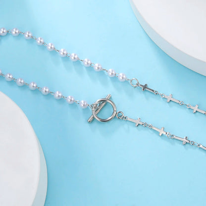 Luckacco Unift Paperclip OT Buckle Pearl Necklace Choker Half Pearl Half Chain Gold Plated Necklace Fashion Boho Wedding Jewelry Women