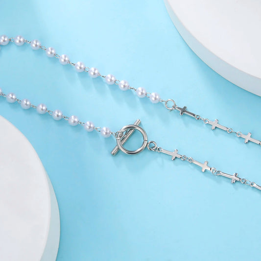 Luckacco Unift Paperclip OT Buckle Pearl Necklace Choker Half Pearl Half Chain Gold Plated Necklace Fashion Boho Wedding Jewelry Women