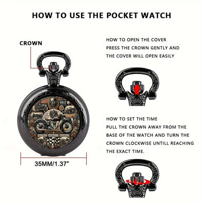 Luckacco Antique Exquisite Vintage Motorcycle Pattern Design Quartz Pocket Watch - Men Male Kids Fashion Accessory, Non-Waterproof  Watch