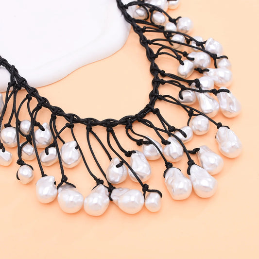 Luckacco Luxury Weave Imitation Pearl Baroque Necklace For Women Fashionable Long Chain Dress Jewelry Female Elegant Accessory Gift