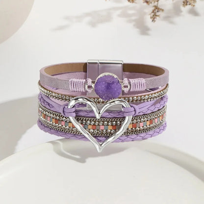 Luckacco New Metal Love Heart Charm Leather Bracelets for Women Fashion Bohemian Rhinestone Resin Wrap Bracelet Bangle Couple Jewelry