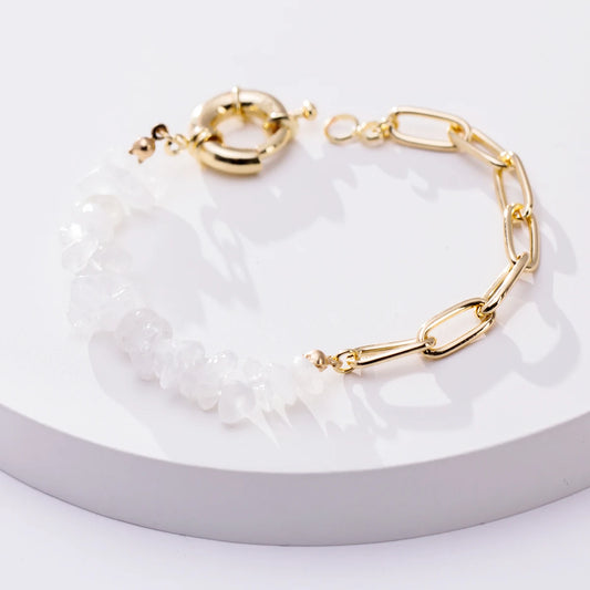Luckacco Women Fashion Half Stainless Steel Chain Half Purple Natural Crushed Stone Bracelet HD127