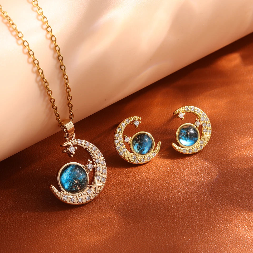 luckacco light luxury titanium steel star series necklace for women gold color planet moon astronaut pendant necklaces jewelry gifts