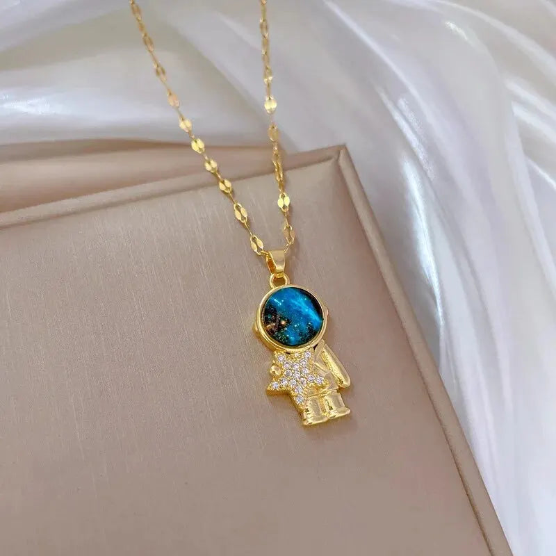 luckacco light luxury titanium steel star series necklace for women gold color planet moon astronaut pendant necklaces jewelry gifts
