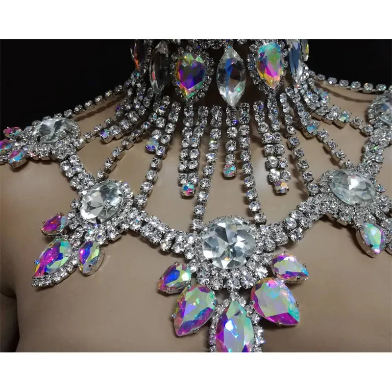 INS Fashion Luxury AB Color Large Crystal Pendant Necklace Boho Bride Wedding Rhinestone Large Necklace Ladies Prom Jewelry Gift