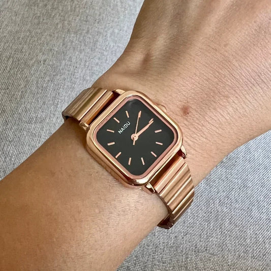 Luckacco Hot Sale Women Quartz Watch Square Dial Stainless Steel Bamboo Strap Casual Fashion Wristwatch Reloj De Mujer
