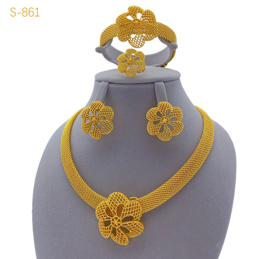 Luckacco XUHUANG Luxury Flower Necklace Sets For Women Wedding Dubai Gold Plated African Jewelry Set Indian Jewellery Anniversary Gifts