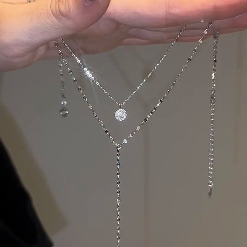 luckacco new 925 sterling silver trendy double layer choker long necklace full zircon round pendants women gift wedding jewelry