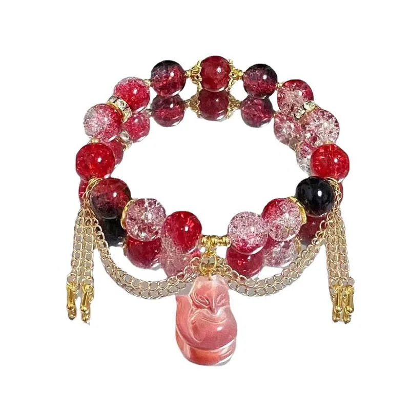 luckacco 2024 new trendy red crystal beaded bracelets for women simple tassel handmade beads fox pendant bracelets jewelry accessories