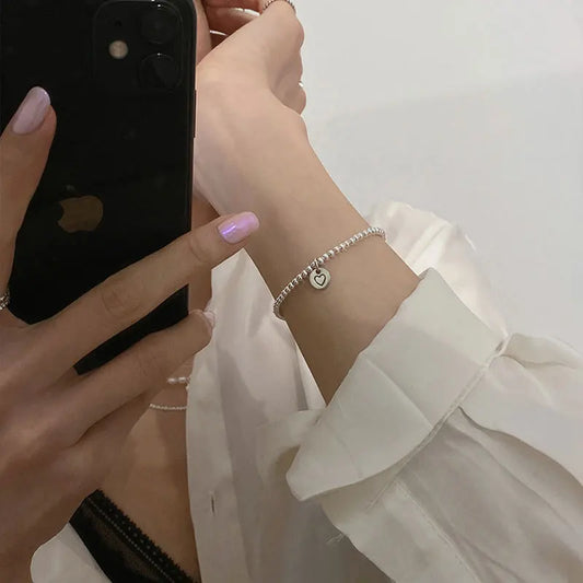 Luckacco New 925 Silver Geometric Bead Punk Peace of Mind Words Irregular String Bracelet For Woman Girl Fashion Jewelry Gift Dropship
