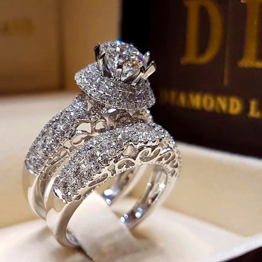 Luckacco Luxury 925 Sterling Silver Crystal Female Big Zircon Stone Ring Set Fashion Bridal Wedding Rings for Women Promise Love Ring