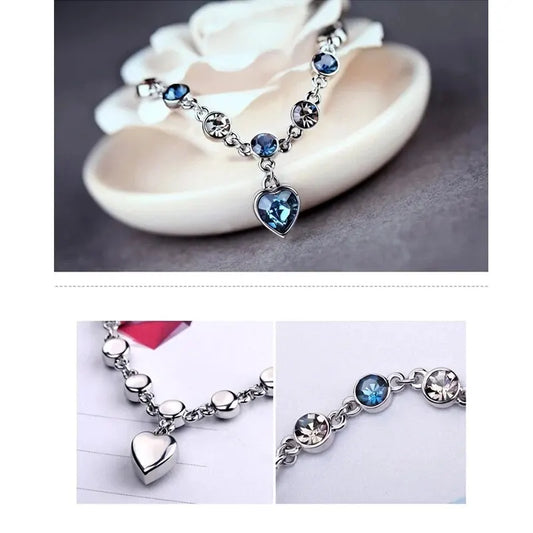 Luckacco Women Silver Color Lucky Bracelet Female Blue Crystal Heart Charm Pulseras Bracelet Bridal Wedding Engagement Fine Jewelry Gift