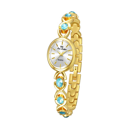 Luckacco Blue Jewel Oval Bracelet Watch Luxury Crystal Quartz Watches For Woman Vintage Gold Silver Jade Wristwatch Gifts For Women