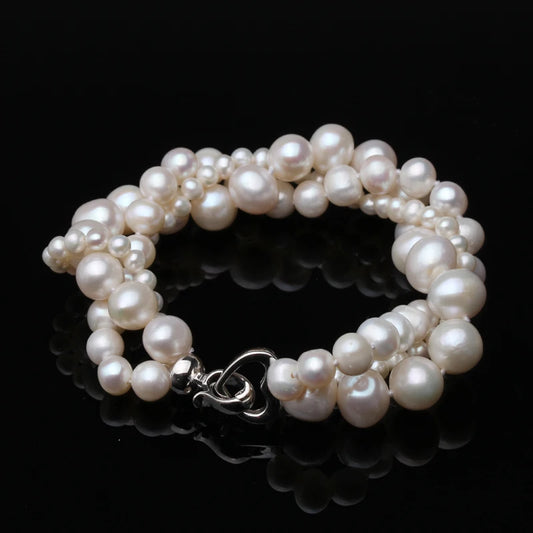 Luckacco Mutilayer Natural Freshwater Pearl Bracelet Ladies Woman,925 Silver Real White Pearl Jewelry Bracelet Wife Mother Party Gifts