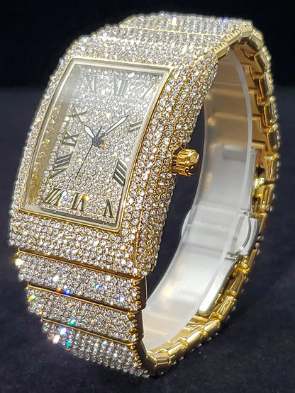 Luckacco Gold Men's Watches Rectangle Dial Luxury Diamond Fashion Big Wristwatches Luminous Point Iced Quartz Watch For Men