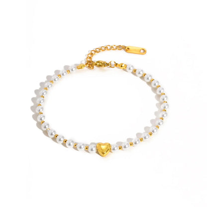 Luckacco Elegant High Quality Imitation Pearl Beads Bracelet for Women, Stainless Steel Heart Charm Bracelet, Waterproof Fashion Jewelry