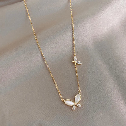 Luckacco Stainless Steel Luxury Gold Color Opal Butterfly Pendant Necklace for Women Exquisite Zircon Chokers Bride Jewelry Colorfast
