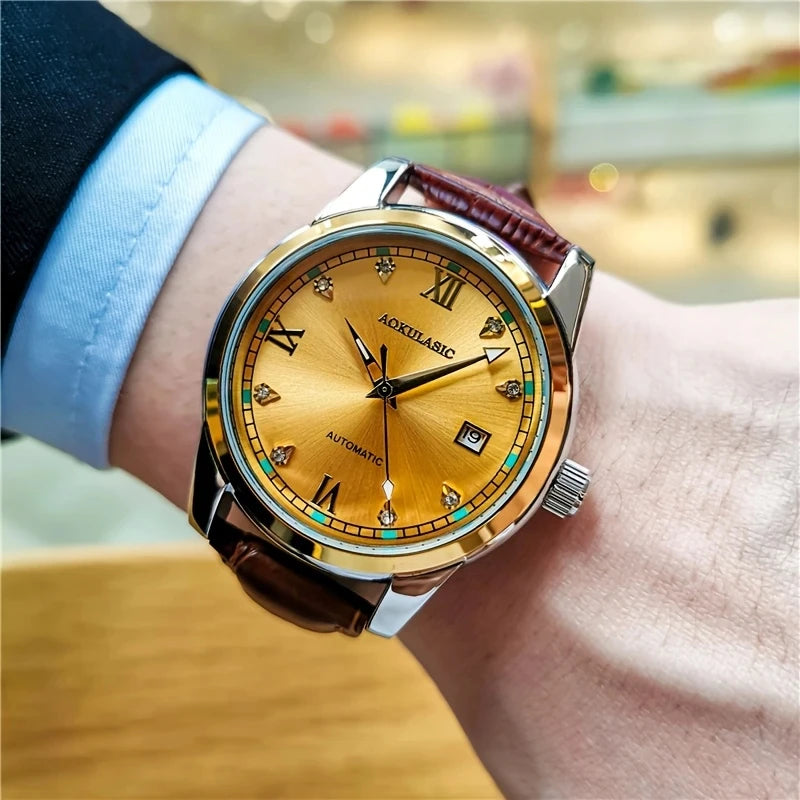 luckacco new stylish high-end business men's watch, fully automatic mechanical watch, skeleton design, round dial, with calendar display, leather strap, fashionable accessory, suitable for business and casual wear, european, american, japanese, and k