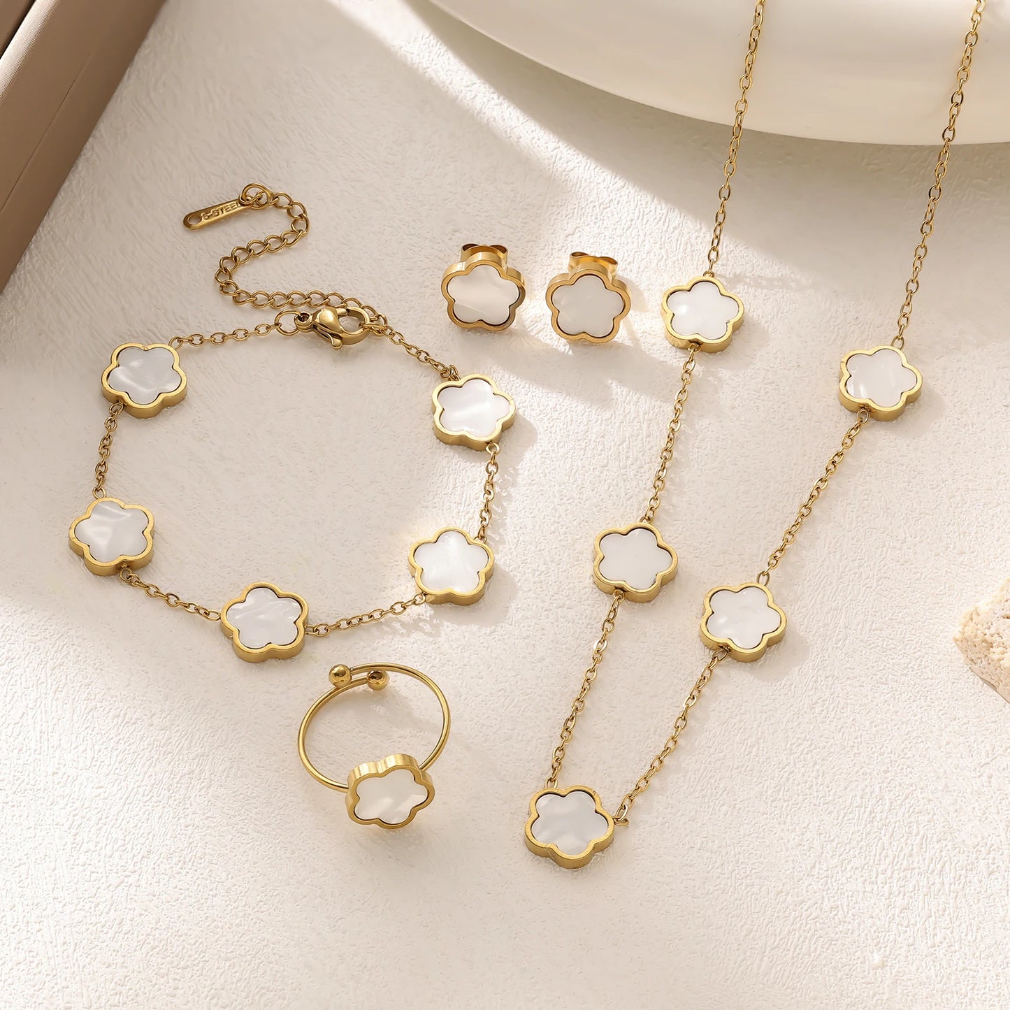 luckacco stainless steel five leaf clover flower women's necklace, high-end women's bracelet, earring, ring set for women
