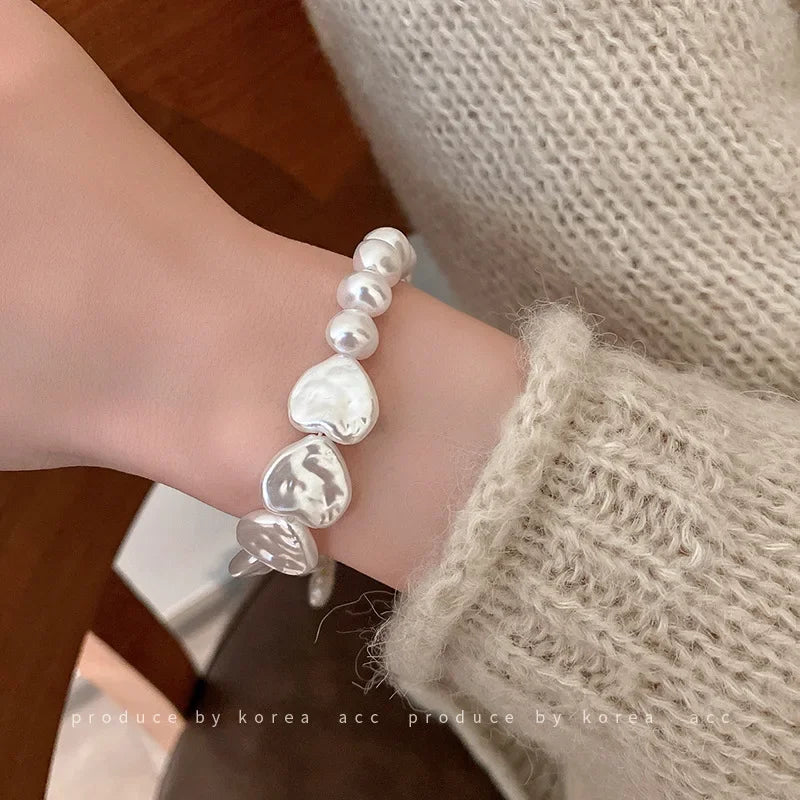 luckacco irregularity multilayer baroque pearl chain bracelet for women wedding bridal kpop luxury beaded heart bracelets couple jewelry