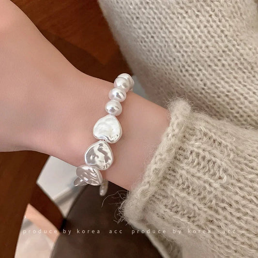 Luckacco Irregularity Multilayer Baroque Pearl Chain Bracelet for Women Wedding Bridal Kpop Luxury Beaded Heart Bracelets Couple Jewelry