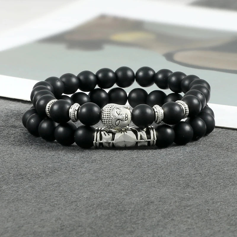 luckacco 2pcs/set buddha head bracelet for women men natural tiger eye lava stone yoga beads distance bracelets charm couple jewelry gift