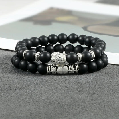 Luckacco 2pcs/set Buddha Head Bracelet for Women Men Natural Tiger Eye Lava Stone Yoga Beads Distance Bracelets Charm Couple Jewelry Gift
