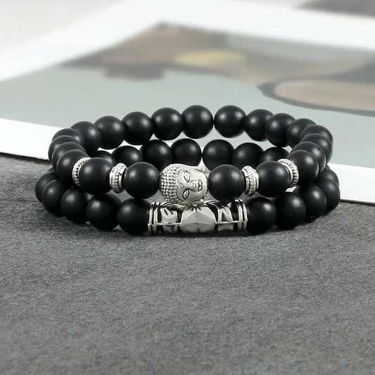 Luckacco 2pcs/set Buddha Head Bracelet for Women Men Natural Tiger Eye Lava Stone Yoga Beads Distance Bracelets Charm Couple Jewelry Gift
