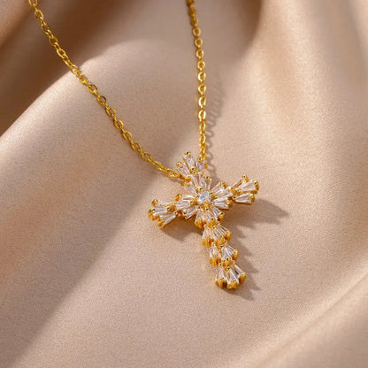 Luckacco Luxury Zirconia Cross Pendant Necklace for Women Zircon Crystal Stainless Steel Chain Charm New Trend Aesthetic Jewerly collares