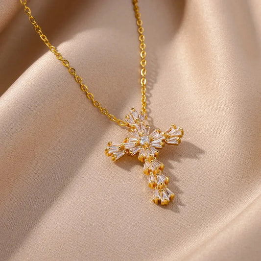 Luckacco Luxury Zirconia Cross Pendant Necklace for Women Zircon Crystal Stainless Steel Chain Charm New Trend Aesthetic Jewerly collares