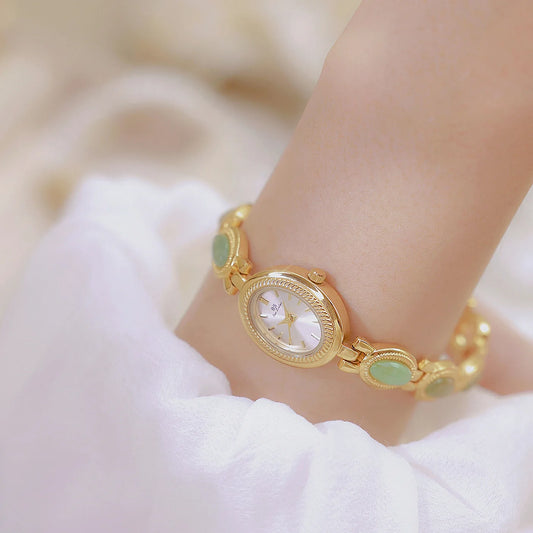 Luckacco Luxury Women's Quartz Watch Ladies Waterproof Retro Natural Jade Stones Chain Fashion Elegant Watches Gift For Girl