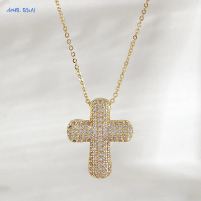 Luckacco SUNSLL Classic Chunky Full Cubic Zircon Cross Pendant Necklaces For Women Men Gold/Silver Color Catholicism Religious Jewelry