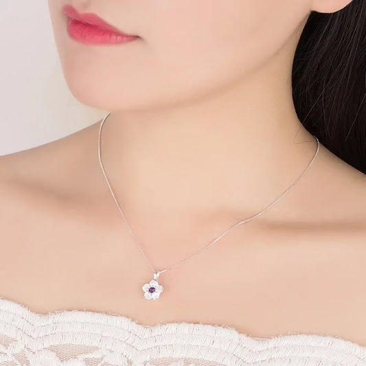 Luckacco 925 Sterling Silver Pink Purple Peach Blossom Necklaces For Women Retro Luxury Jewelry Accessories Freeshiping Items Jewellery