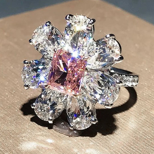 Luckacco Pink Cubic Zirconia Ring Suitable for Women's Engagement Wedding Luxury Accessories Sparkling Silver Fashion Jewelry