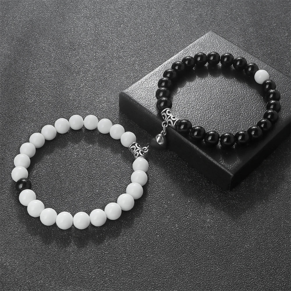 luckacco 2pcs/set natural stone beaded bracelet for lovers distance heart magnet buckle couple bracelets friendship fashion jewelry gifts