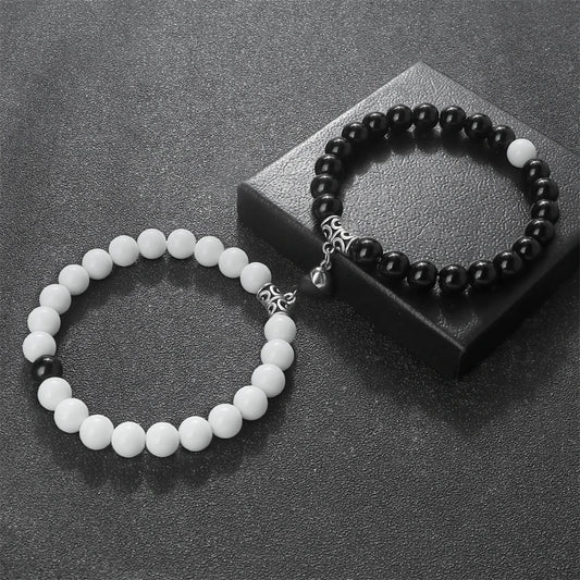 Luckacco 2pcs/set Natural Stone Beaded Bracelet For Lovers Distance Heart Magnet Buckle Couple Bracelets Friendship Fashion Jewelry Gifts